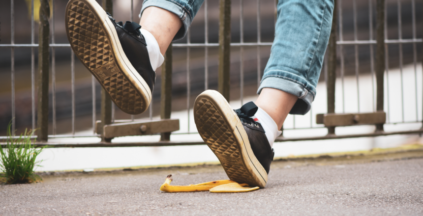 slipping on banana peel, shows the slip and trip claims